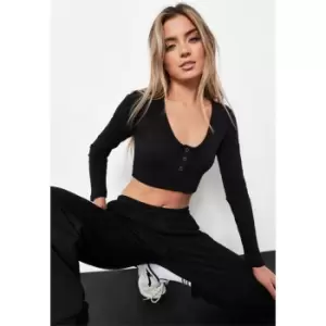 Image of Missguided V Front Popper Ls Crop Top - Black