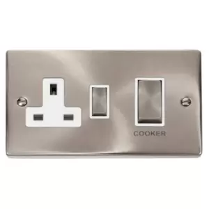 Image of Click Deco 45 A Ingot 2 Gang Double Pole Switch with 13 A Double Pole Switched Socket in White and Satin Chrome VPSC504WH