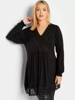 Image of Yours Long Sleeve Crochet Trim Tunic - Black, Size 20, Women