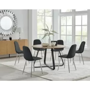 Image of Santorini Brown Round Dining Table And 6 Black Corona Faux Leather Dining Chairs with Silver Legs Diamond Stitch - Black