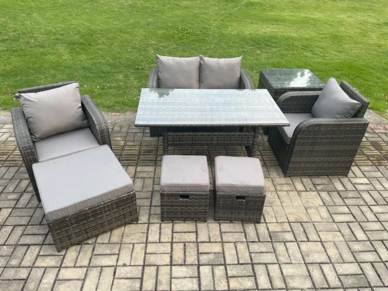 Image of Fimous Rattan Outdoor Garden Furniture Set Rectangular Dining Table & Chair Sofa Set With Side Table 3 Footstools in Dark Grey Dark Grey Unisex