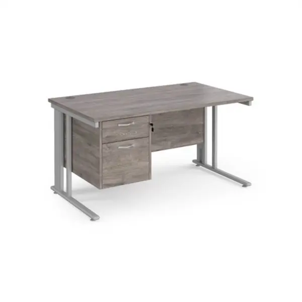 Image of Maestro 25 straight desk 1400mm x 800mm with 2 drawer pedestal - silver cable managed leg frame, grey oak top