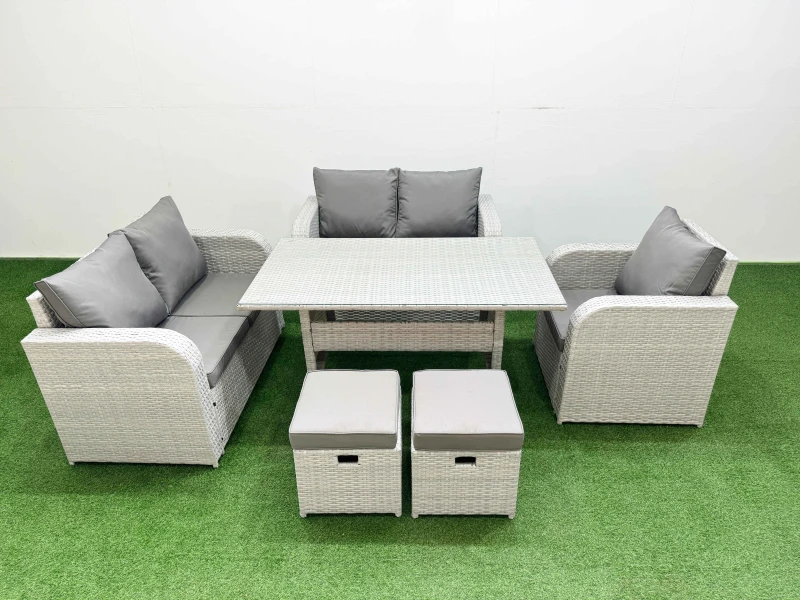 Image of Fimous High Back Poly Rattan Garden Furniture Set with Reclining Chair Loveseat Sofa Rectangular Dining Table Indoor Outdoor Patio Set 2 Stool Light