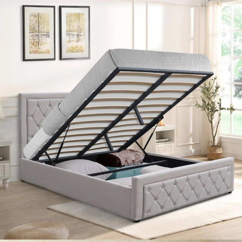 Image of KOSY KOALA Ottoman Storage 4ft6 Double Grey Velvet With 4ft6 Memory Foam Mattress Grey Unisex