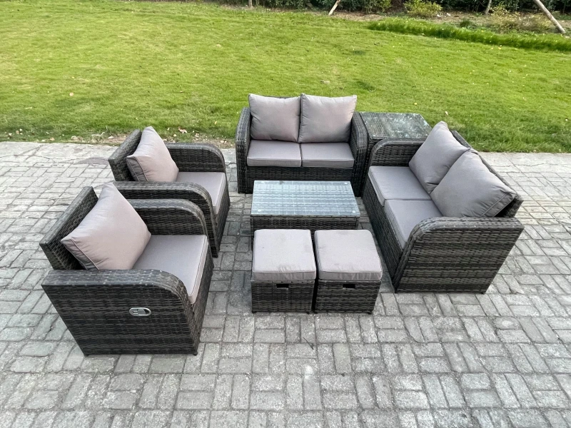 Image of Fimous 8 Seater Rattan Garden Furniture Set Patio Outdoor Lounge Sofa Set with Rectangular Coffee Table 2 Small Footstools Love Sofa Side Table Dark G