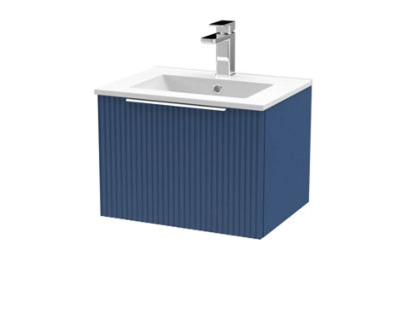 Image of Hudson Reed Fluted Wall Hung 1-Drawer Vanity And Minimalist Basin, Contemporary Sink Vanity Unit, Satin Blue