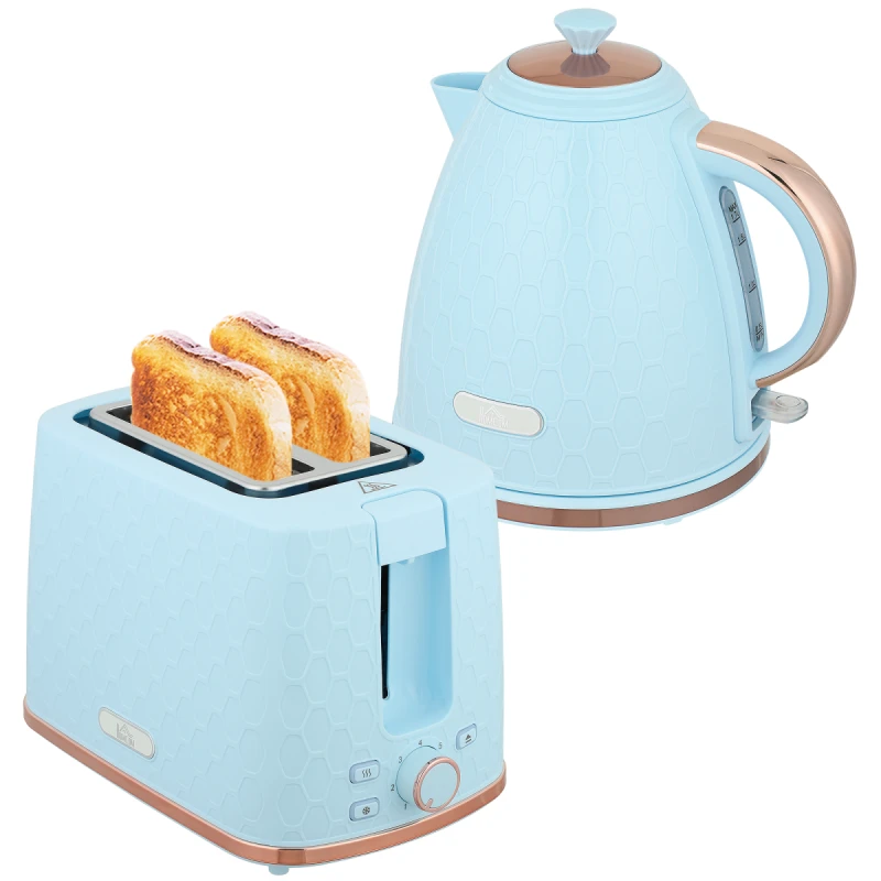 Image of HOMCOM HOMCOM 1.7L 3000W Fast Boil Kettle and 930W 2 Slice Toaster Set in Light Blue Light Blue One Size Unisex 5063603053205