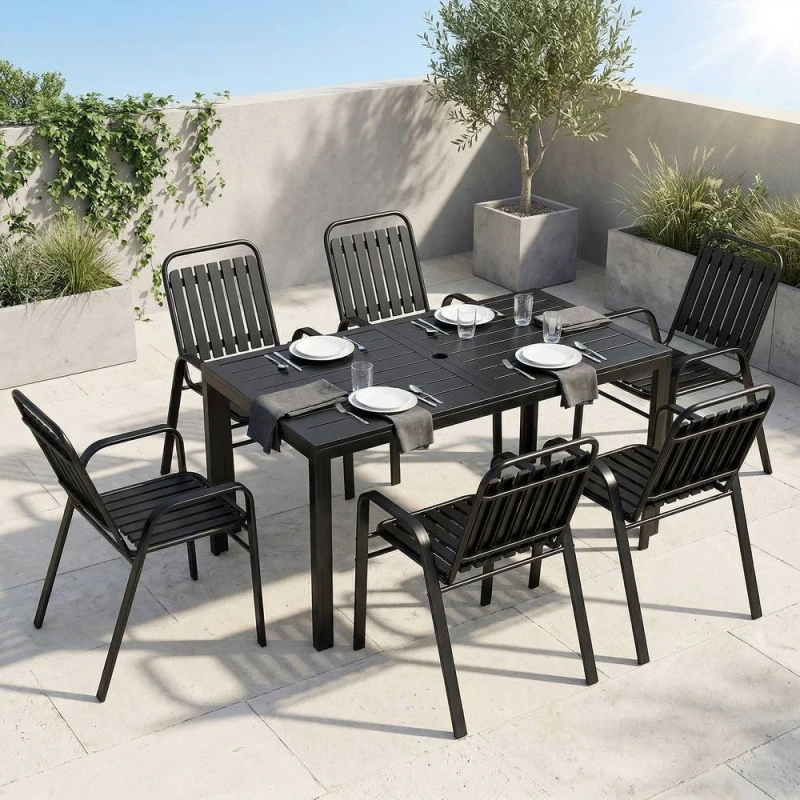 Image of OUTSUNNY Garden Table & Chairs Set for 6 with Umbrella Hole in Black Size: 150cm x 80cm Black Unisex 150cm x 80 cm