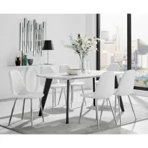 Image of Furniturebox UK - Andria Black Leg Marble Effect Dining Table and 6 White Corona Faux Leather Dining Chairs with Silver Legs Diamond Stitch - White