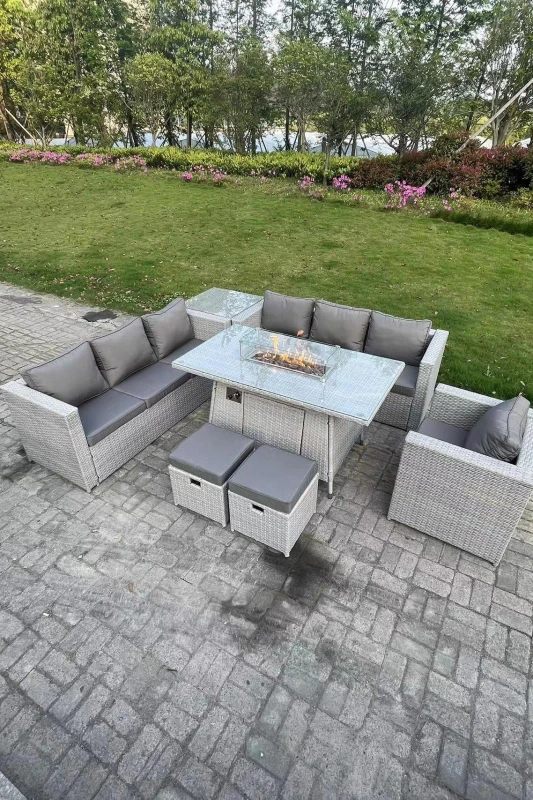Image of Fimous Rattan Fire Pit Garden Furniture Dining Table Set Gas Heater Burner Lounge Sofa Side Coffee Table Light Grey