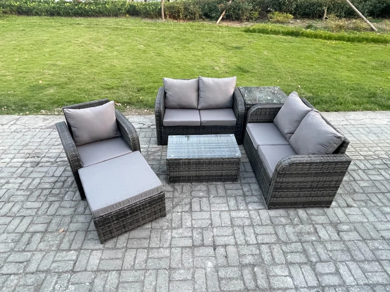 Image of Fimous High Back Rattan Garden Furniture Set with Loveseat Sofa Rectangular Coffee Table Big Footstool Side Table Indoor Outdoor Patio Lounge Sofa Set