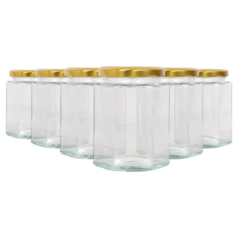 Image of Argon Tableware Hexagonal Glass Jam Jars With Gold Lids - 250ml - Pack Of 6