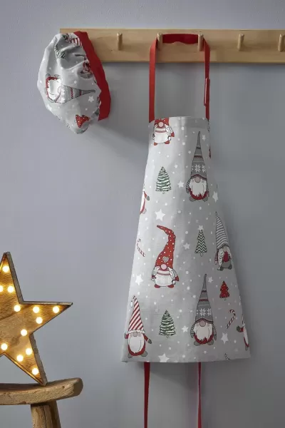 Image of Catherine Lansfield Kitchen Christmas Gnomes Kids 48x55cm Apron & Hat Set , 20x24cm Grey Red