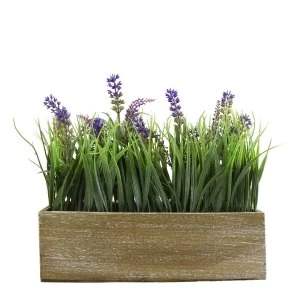 Image of Faux Lavender and Onion Grass in Rustic Wooden Box