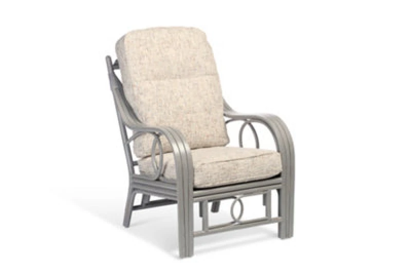 Image of Desser Madrid Grey Natural Rattan Conservatory Armchair Real Cane Indoor Wicker Chair W/ UK Sewn Cushion In Farrow Fabric