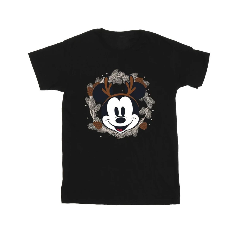 Image of Disney Men Mickey Mouse Reindeer Wreath Cotton T-Shirt in Black Size: Small Black S Male 5063376840835