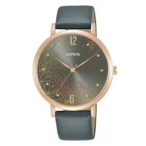 Image of Ladies Patterned Dial Watch with Grey Leather Strap & Grey Dial