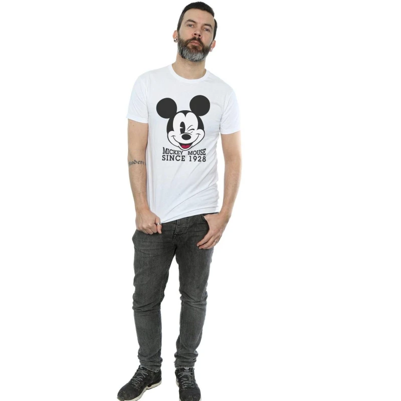 Image of Disney Men Mickey Mouse Since 1928 T-Shirt in White Size: Small White S Male 5057245563741
