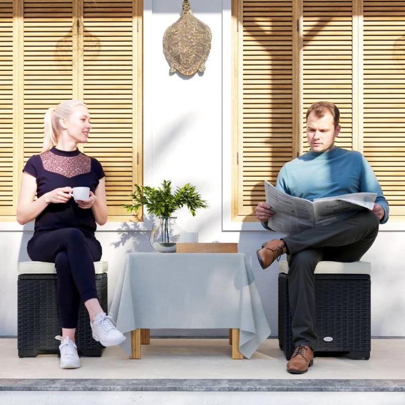 Image of Outsunny Set of 2 Rattan Footstool - Storage Ottoman w/ Cushions - Cream TJ Hughes 5063603134393