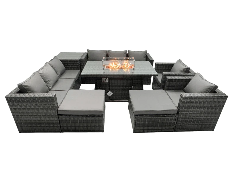 Image of Fimous Rattan Garden Furniture Firepit Dining Set 10 Seater Lounge Sofa Table Set with side table 2 big Footstool Dark Grey