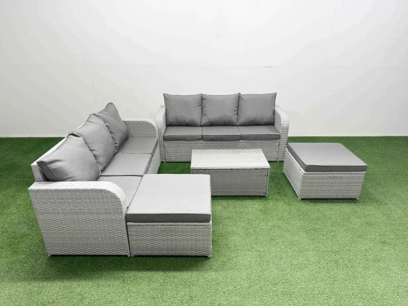 Image of Fimous Outdoor Garden Furniture Sets 8 Seater Wicker Rattan Furniture Sofa Sets with Rectangular Coffee Table high Back Lounge Sofa 2 Big Footstool Li