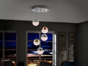 Image of Sphere Integrated LED Dimmable Cluster Drop Ceiling Pendant with Remote Control Chrome, Brass, Copper