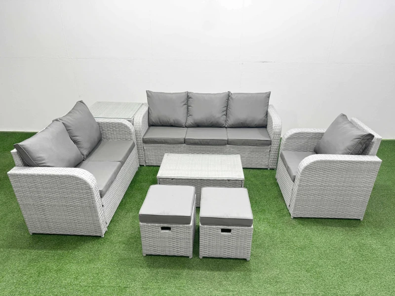 Image of Fimous Patio PE Wicker 8 Seater Outdoor Rattan Furniture Sofa Sets with Rectangular Coffee Table Reclining Chair Loveseat Sofa 3 Seater Sofa Stool Sid