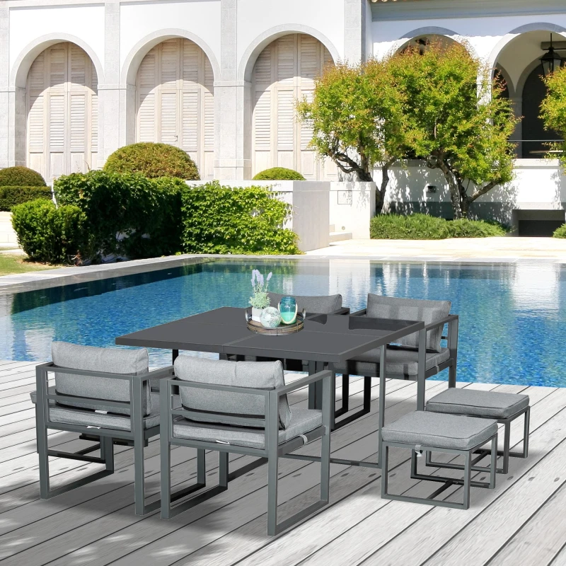 Image of Outsunny 9PCs Patio Dining Sets 4 Chairs 4 Ottoman Cushioned Seating and Back - Outsunny 5056399123504