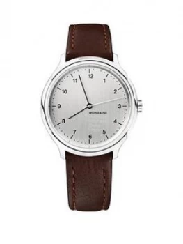 Image of Mondaine Mondaine Swiss Made Helvetica No1 Regular Silver Sapphire Glass Hand-Winder Dial Polished Stainless Steel 40Mm Case Brown Leather Strap Watch
