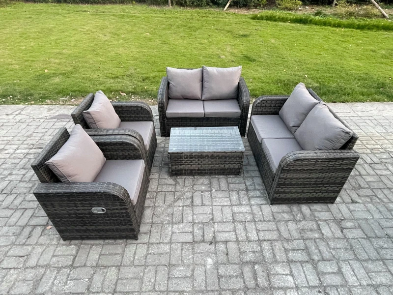 Image of Fimous Rattan Garden Furniture Set Patio Outdoor Lounge Sofa Set with 2 Reclining Chairs Rectangular Coffee Table Dark Grey Mixed Dark Grey
