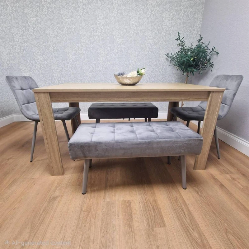 Image of KOSY KOALA KOSY KOALA Dining Table and 2 Chairs With 2 Benches Oak Effect Wood Table 2 Grey Velvet Chairs Dining Room in Beige Beige One Size Unisex 5