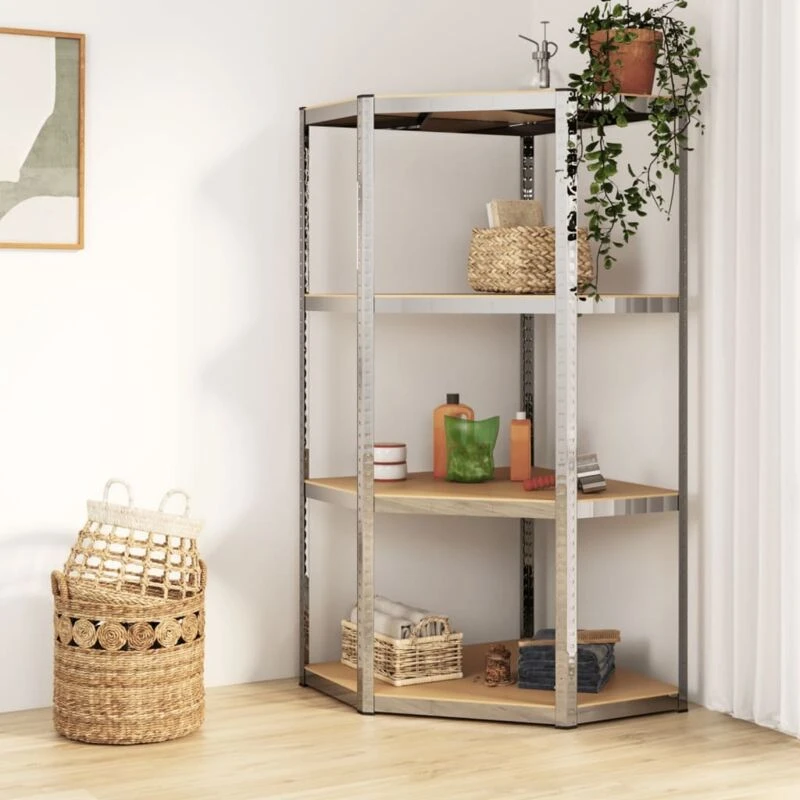 Image of VIDAXL 4-Layer Corner Shelf Silver Steel&Engineered Wood Vidaxl 8720287138150