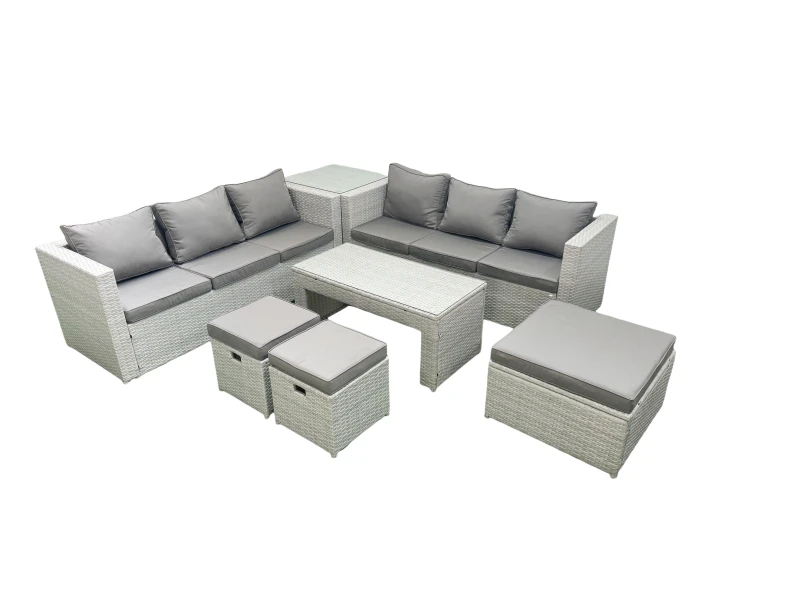 Image of Fimous 9 Seater Garden Outdoor Rattan Furniture Set Rattan Garden Sofa Oblong Coffee Table with 3 Footstools Side Table Light Grey Mixed Light Grey