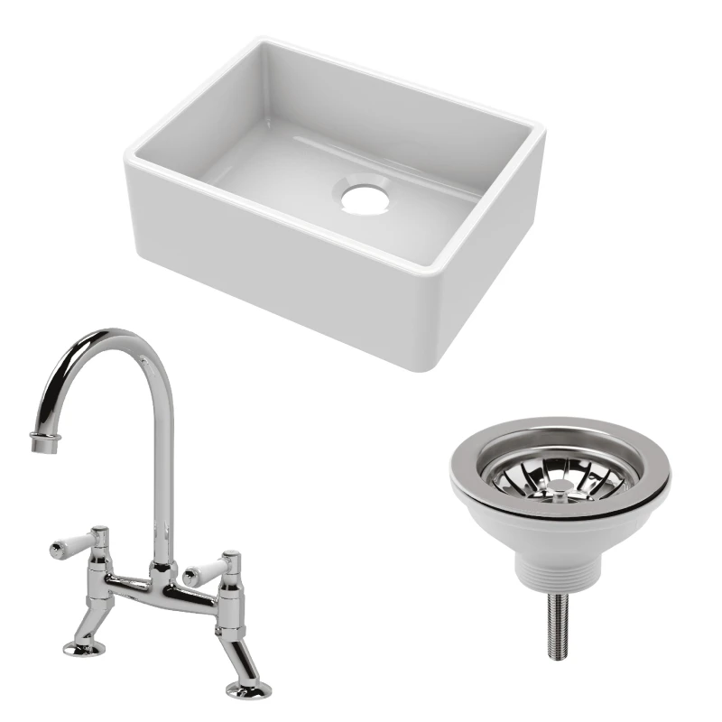 Image of Balterley Fireclay 1 Bowl Butler Sink Strainer Waste Mixer Tap 595mm Silver