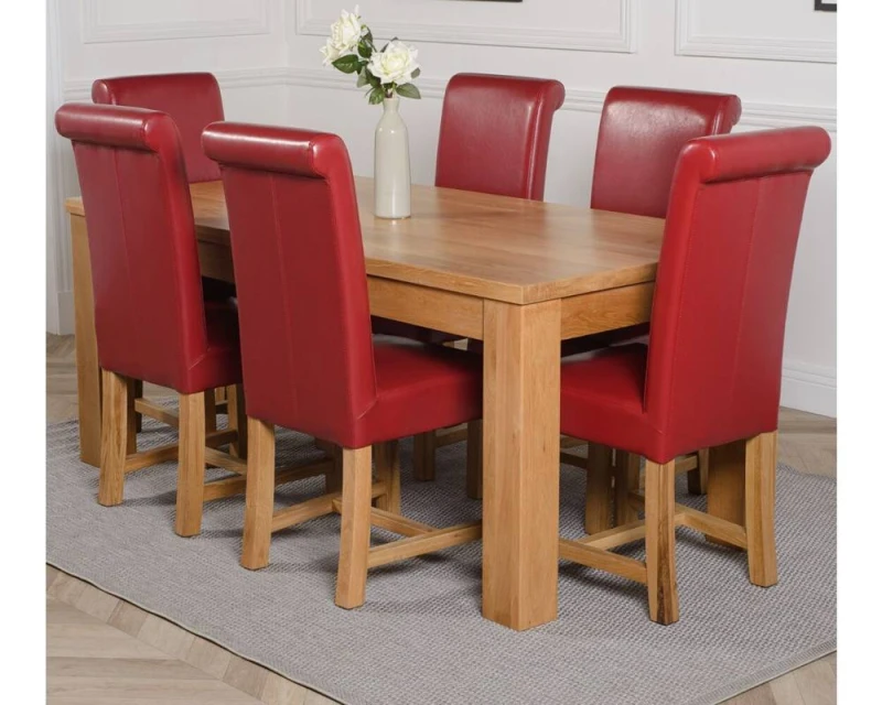 Image of Thats Furniture Dakot 182 x 92cm Oak Large Dining Table & 6 Washington Leather Chairs in Red Size: 182 x 92cm Red Unisex 182 x 92 cm