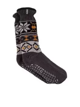 Image of TOTES Mens Fair Isle Slipper Socks with Sherpa Lining, Charcoal, Men