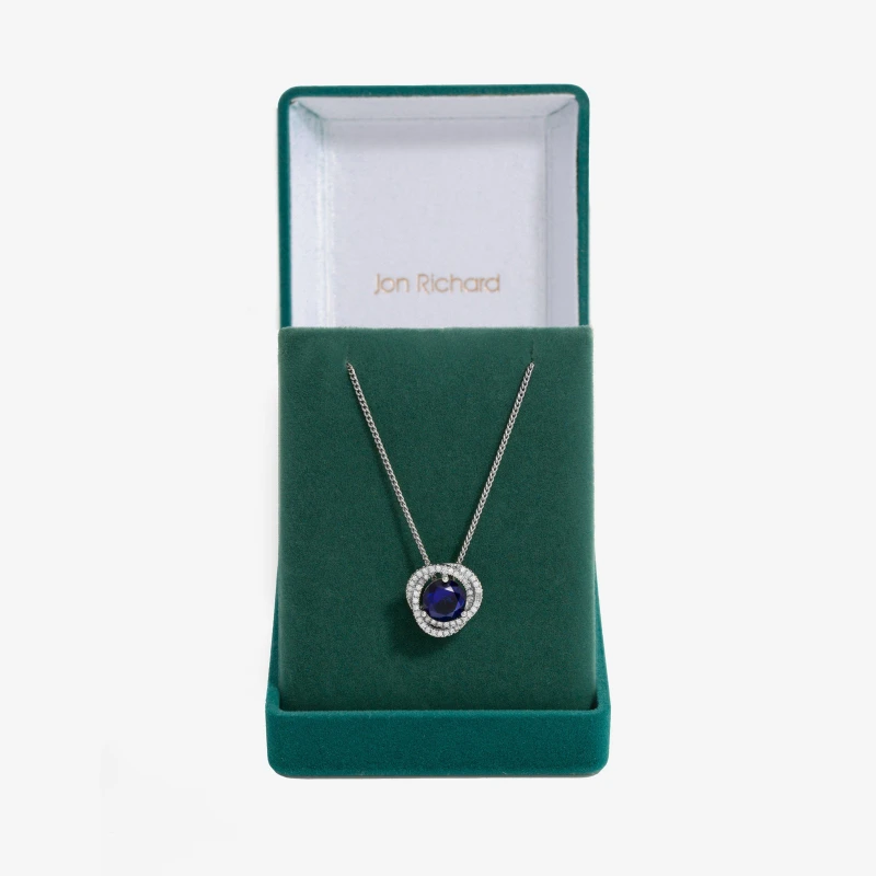 Image of Jon Richard Rhodium Plated Sapphire Halo Pendant - Gift Boxed Silver female