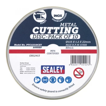 Image of Sealey PTC11510CET Cutting Disc 115 x 1.2mm 22mm Bore Pack of 10
