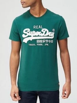 Image of Superdry Vintage Label Chenille T-Shirt - Pine Green , Pine Green Size M Men