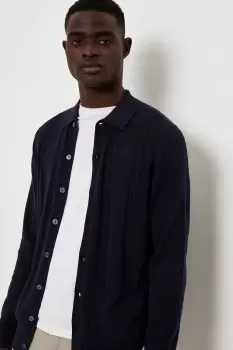 Image of Pure Cotton Navy Long Sleeve Cable Knitted Shirt