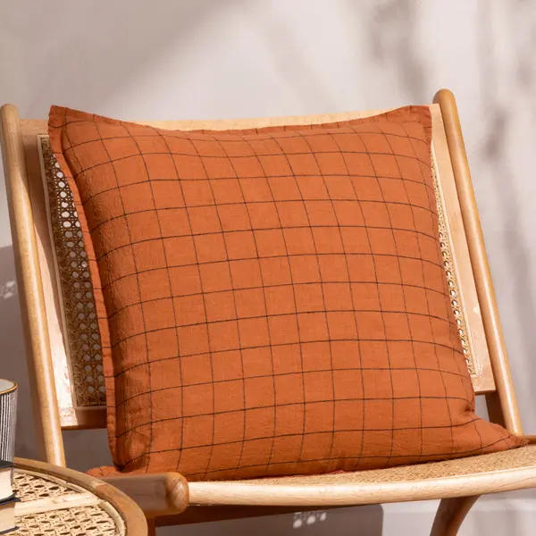 Image of Linen Grid Check Cushion Brick, Brick / 50 x 50cm / Polyester Filled