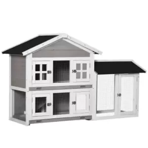 Image of Pawhut 2 Tier Wooden Rabbit Hutch Bunny Run With Slide-out Tray Ramp - Grey