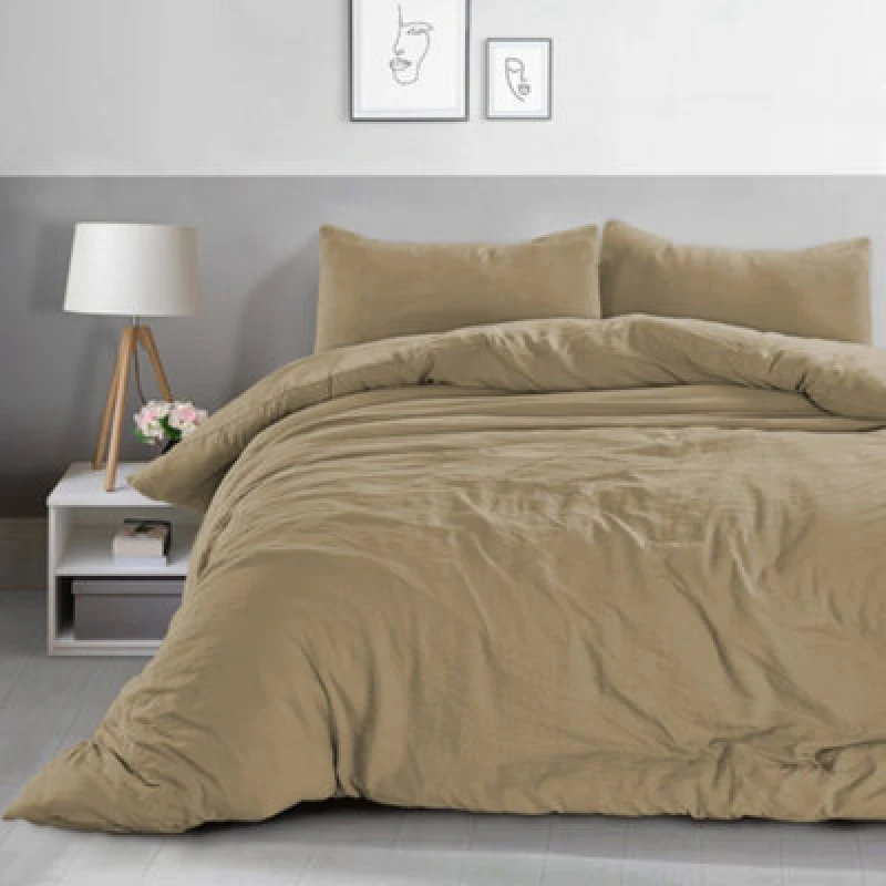 Image of Velosso Minimalist Microfibre Duvet Cover & Pillowcase Set, Breathable Fabric, Machine Washable, Wrinkle-Resistant - Beige