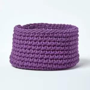 Image of Homescapes - Deep Purple Cotton Knitted Round Storage Basket, 37 x 21cm - Purple
