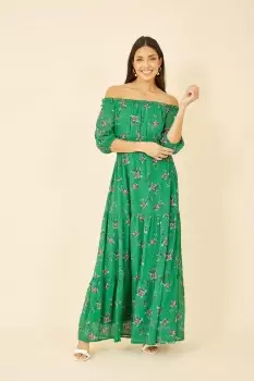 Image of Green Floral Bardot Long Sleeve Maxi Dress