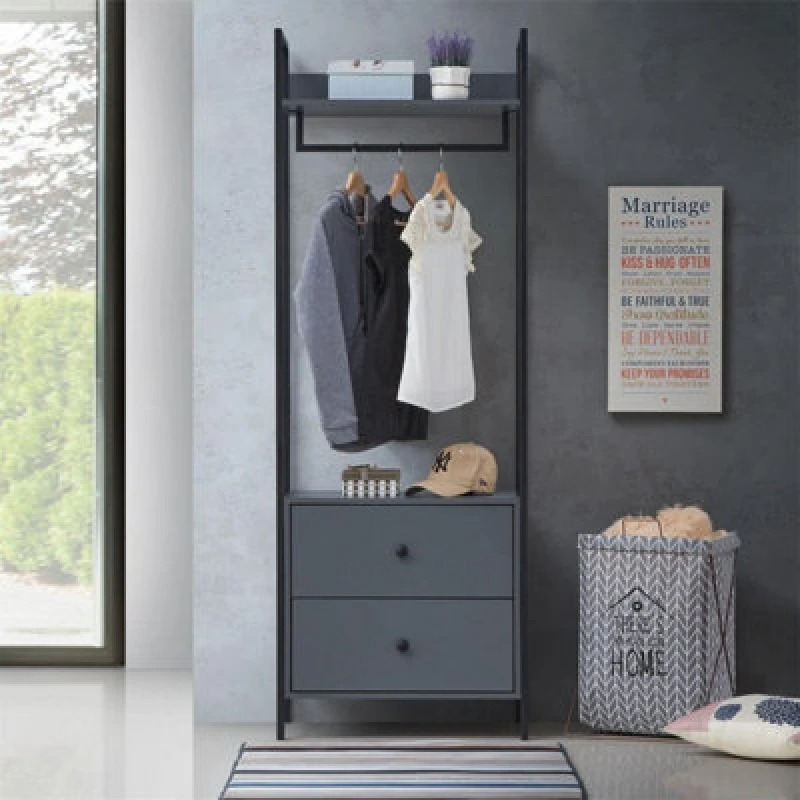 Image of Zahra Open Wardrobe With 2 Drawers In Dark Grey With Metal Frame