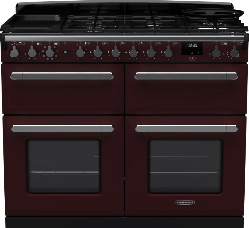 Image of Rangemaster Estel Deluxe ESDLB110DFPBOR/CM1 110cm wide Dual Fuel Range Cooker with Gas Hob - Bordeaux / Chrome - A/A Rated