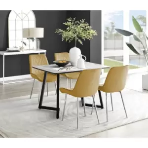 Image of Furniturebox Carson White Marble Effect Recatngular 120cm Dining Table & 4 Mustard Pesaro Silver Leg Velvet Chairs