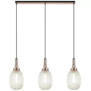 Image of Luminosa Acree Linear 3 Light Ceiling Pendant E27 With 20cm Almond Ribbed Glass, Champagne Copper, Matt Black