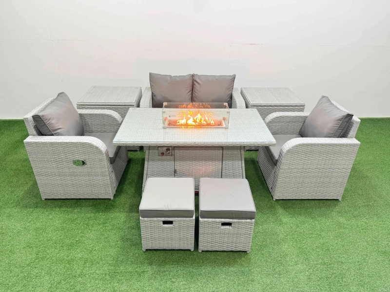Image of Fimous Light Grey PE Wicker Rattan Garden Furniture Set Sofa Set Reclining Chair Firepit Dining Table 6 Seater 2 Small Stools 2 Side Table Light Grey